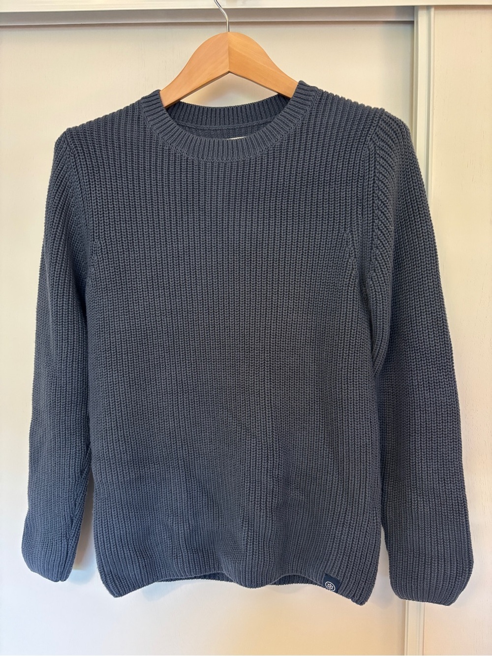 Long Wharf Women Fisherman Sweater Size Medium Crew Rib Minimalist Blue Chunky